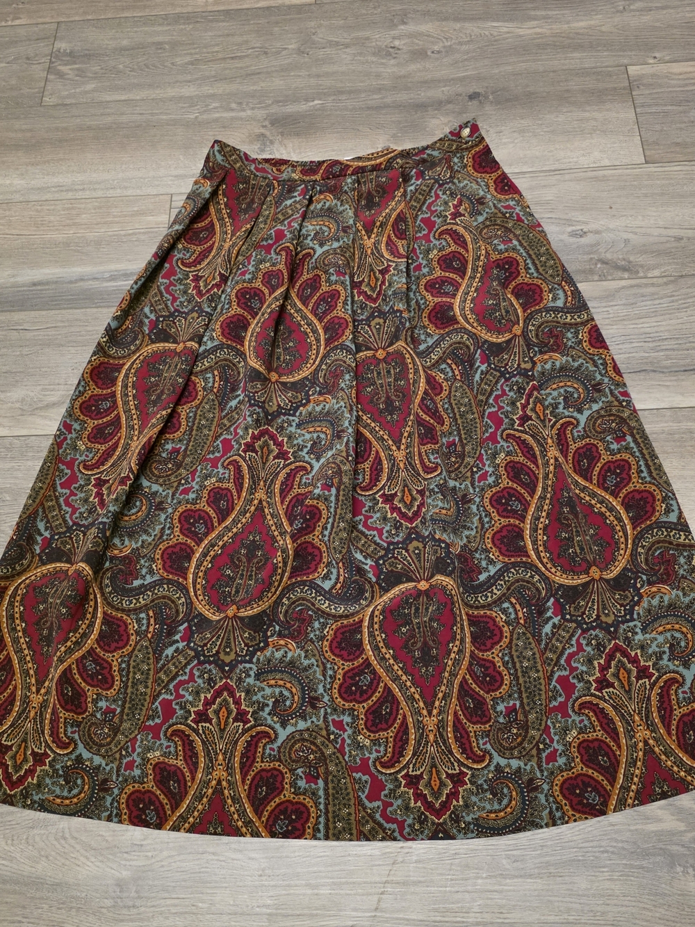 Russ Paisley A-Line Skirt in Burgundy, Olive, Gold and Teal